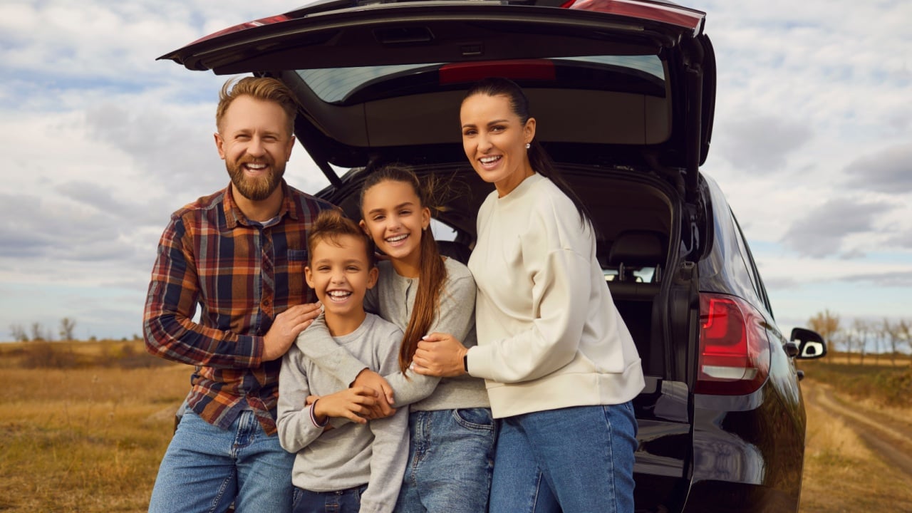 A happy family on a road trip