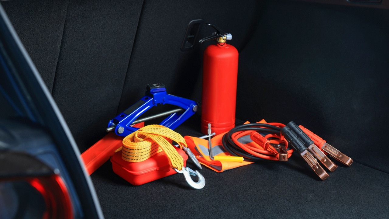 Set of car safety equipment in trunk