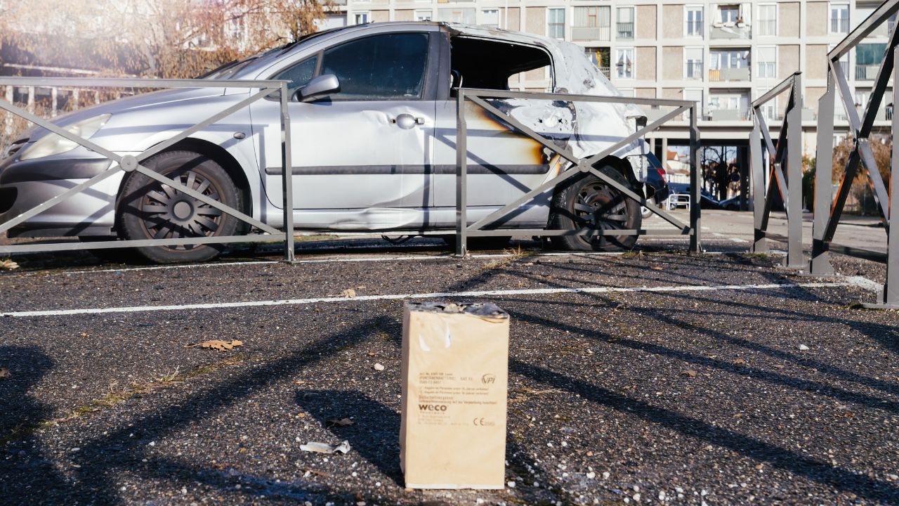 Heavily damaged silver car with fire burn marks parked behind a metal barrier in a residential area, with spent WECO fireworks box left on the asphalt