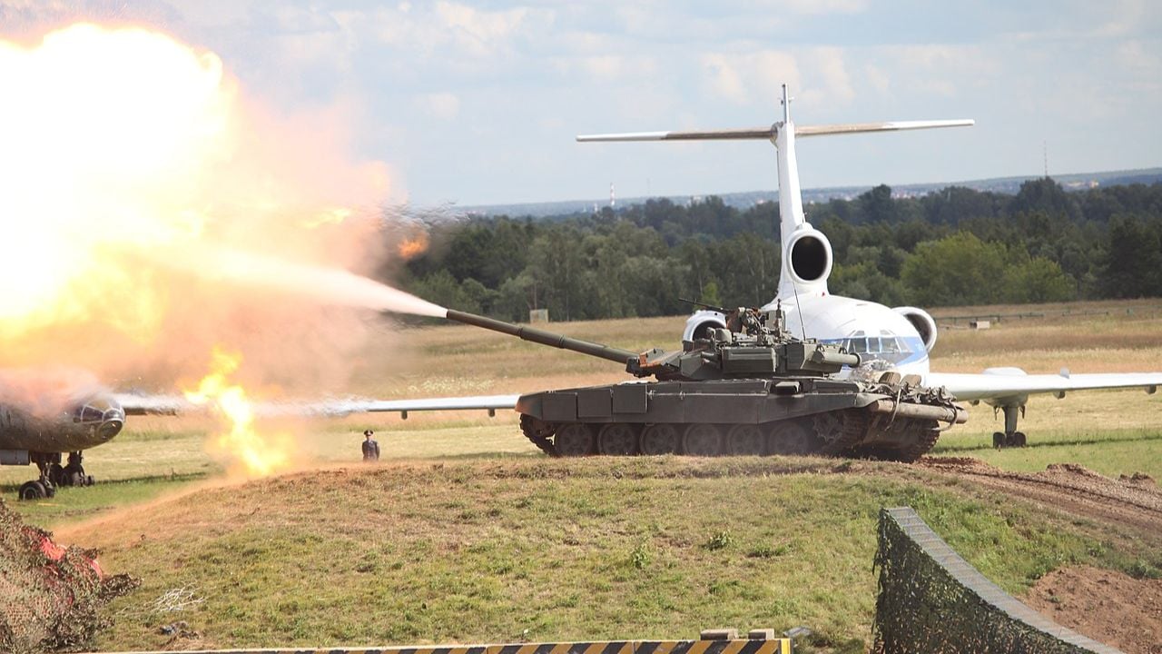 A T-90A tank firing its main gun at Engineering Technologies