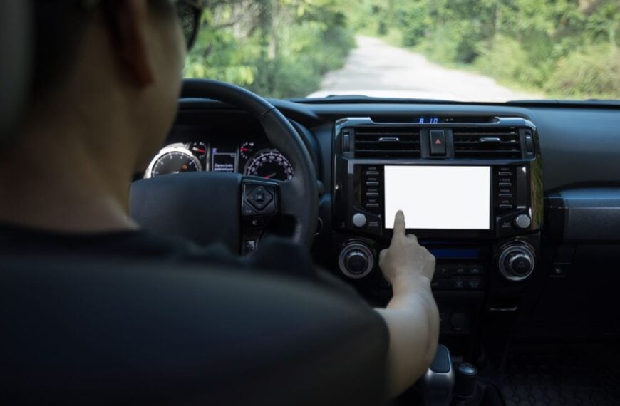 Driving off road car in the nature, touchscreen