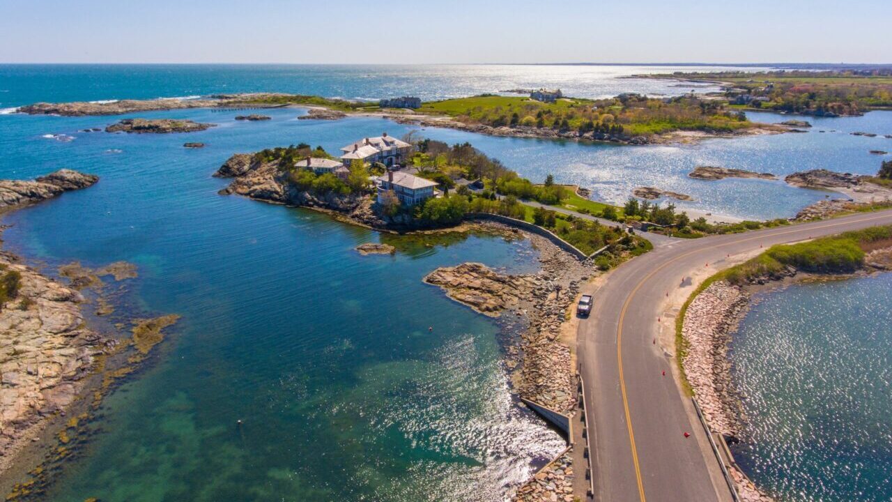 Aerial view of historic mansions at Ocean Drive Historic District near Goose Neck in city of Newport, Rhode Island RI, USA