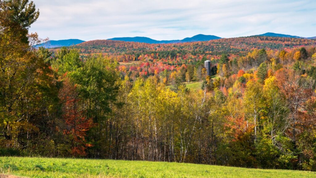 Beautiful rolling hills covered in deciduous forests at the peak of fall foliage dotted with grassy fields on a sunny autumn day. Groton State Forest, Vermont, USA.