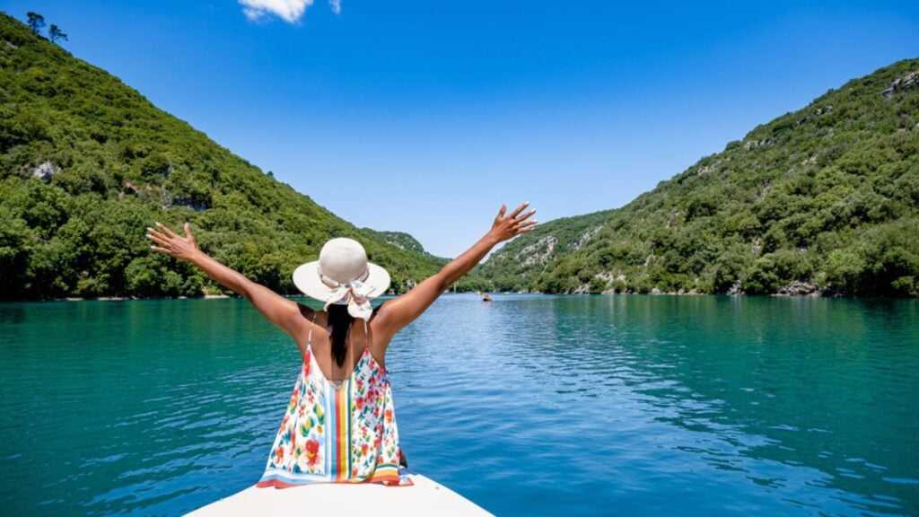 Cliffy rocks of Verdon Gorge at lake of Sainte Croix, Provence, France
