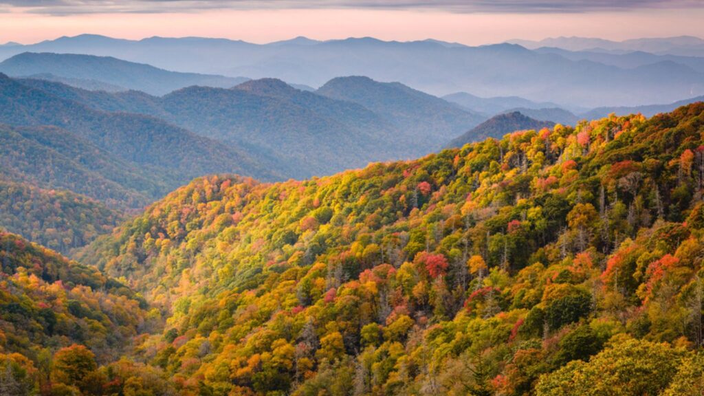 Great Smoky Mountains National Park, Tennessee, USA overlooking the Newfound Pass in autumn
