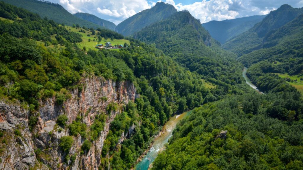 Picturesque canyon of the Tara river among the high mountains covered with green forest. Montenegro