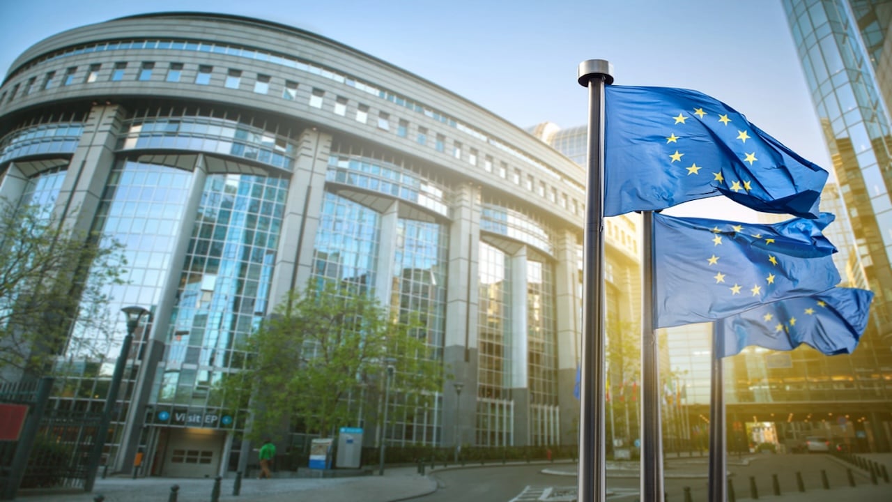 European union flag against parliament in Brussels