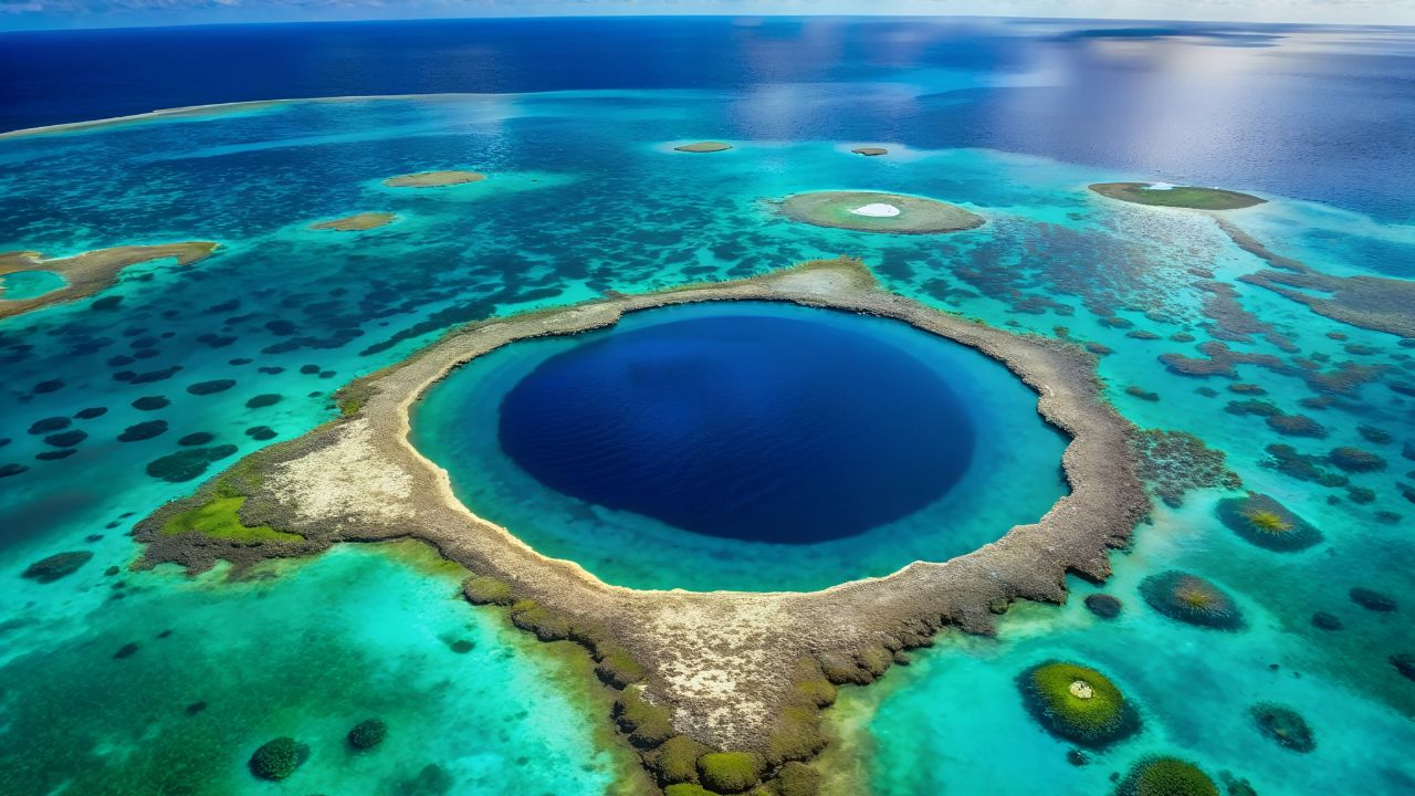 The Great Blue Hole in belize drone photography, amazing natural wonder Of Belize in Central America, Aerial view