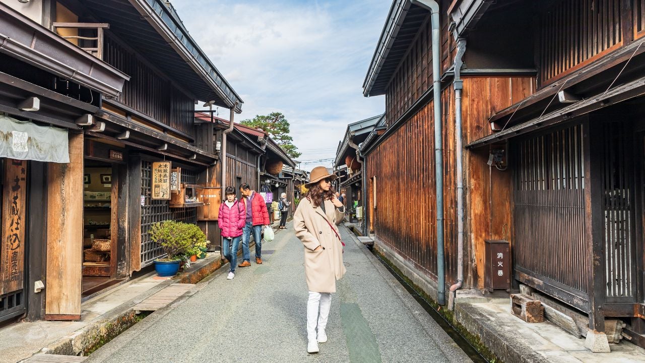 Tourists visiting Takayama old town in Japan.