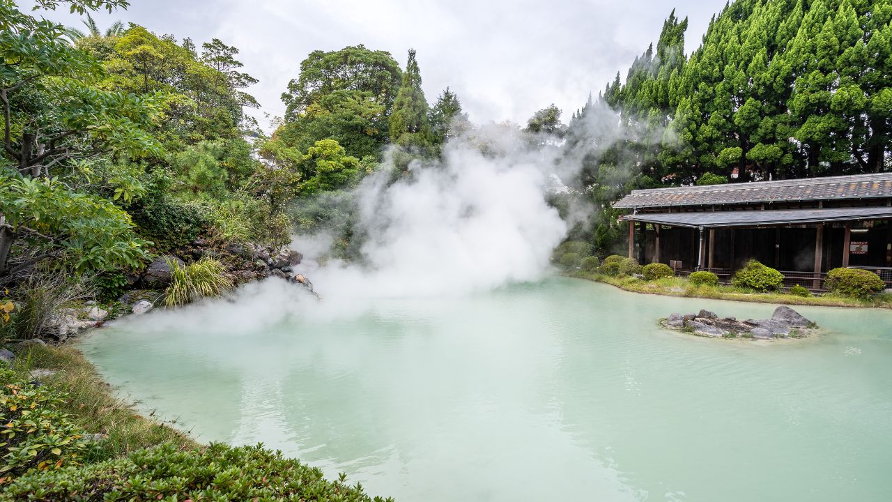 Shiraike Jigoku (White pond Hell) pond in autumn, which is one of the famous natural hot springs viewpoint, representing the various hells in Beppu