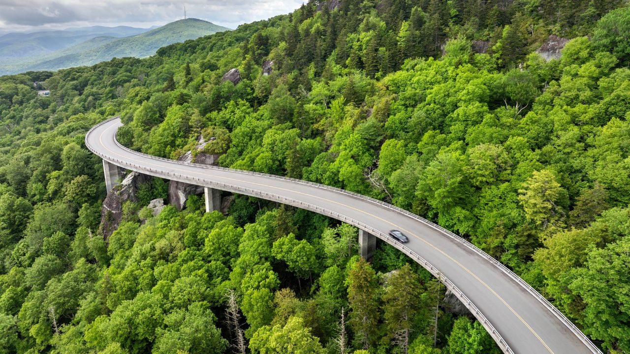 Linn Cove Viaduct on Blue Ridge Parkway road in summer woods of Appalachian mountains with green canopies in colorful forest. Road trip driving in wild nature in summertime season