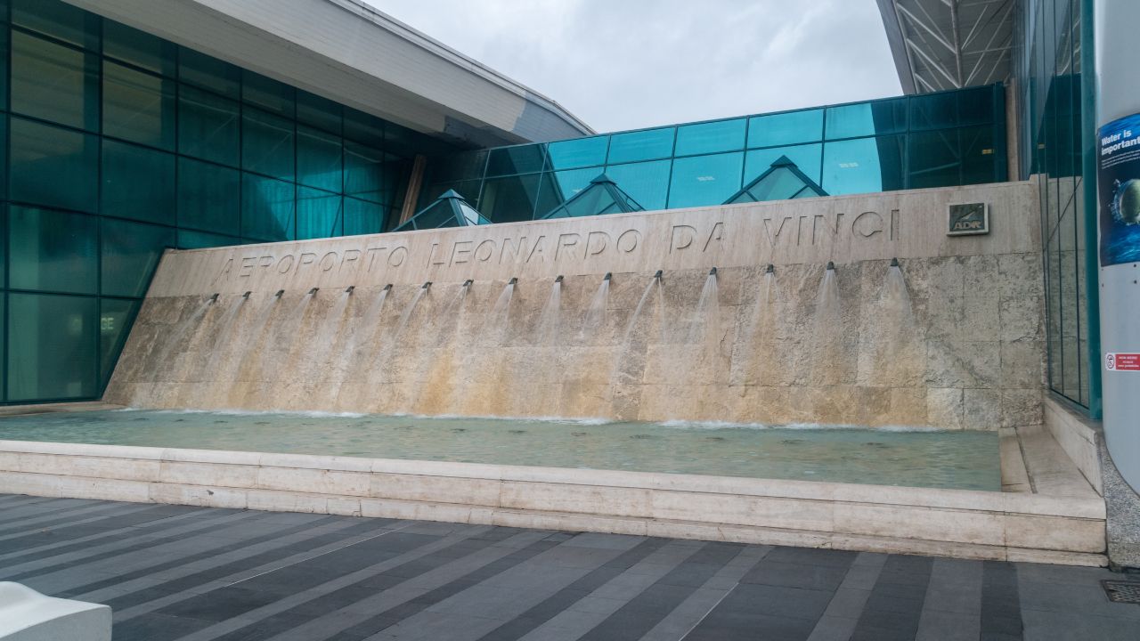 Fiumicino, Italy - December 9, 2022: Water fountain at Rome Leonardo da Vinci–Fiumicino Airport.