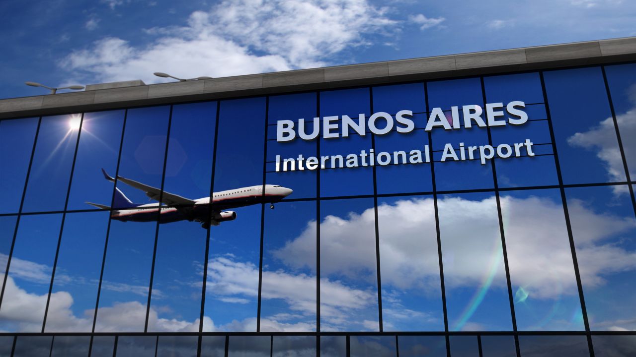Jet aircraft landing at Buenos Aires, Argentina 3D rendering illustration. Arrival in city with the glass airport terminal and reflection of the plane. Travel, business, tourism and transport concept.