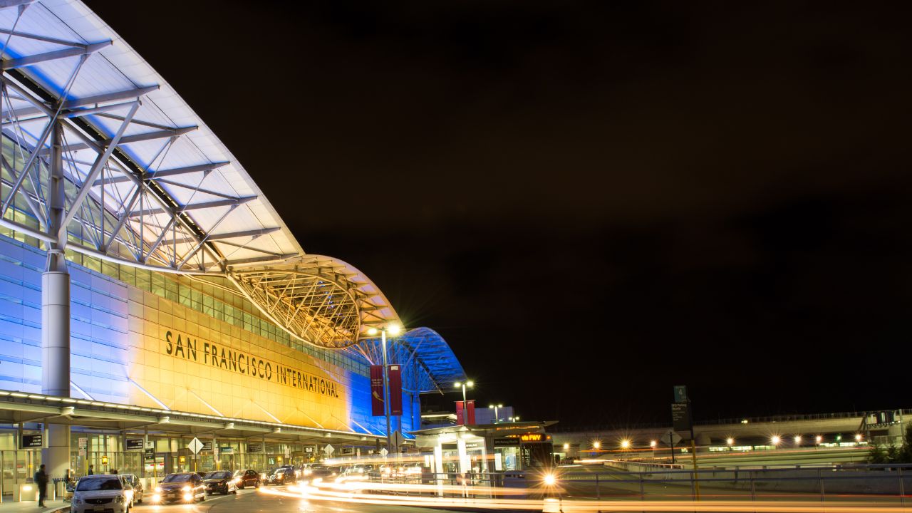 San Francisco, USA - May 24, 2015: Departure level at San Francisco International airport at night