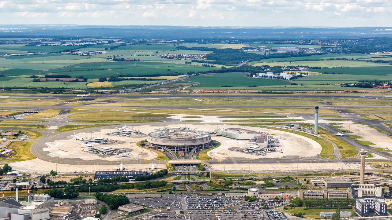 Paris, France - June 6, 2022: Aerial view of Charles de Gaulle airport Terminal 1 in Paris, France.