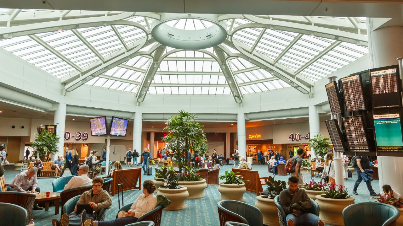 Orlando, Florida - April 7, 2019: Terminal building of Orlando International airport (MCO) in Florida.