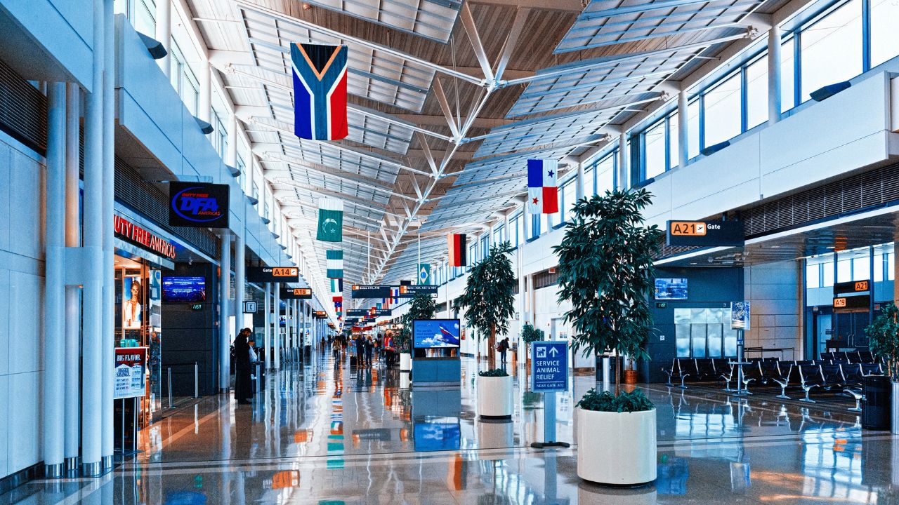 Washington, DC, USA - September 11,2017 : Interior, inside Dulles International Airport with people and tourists.