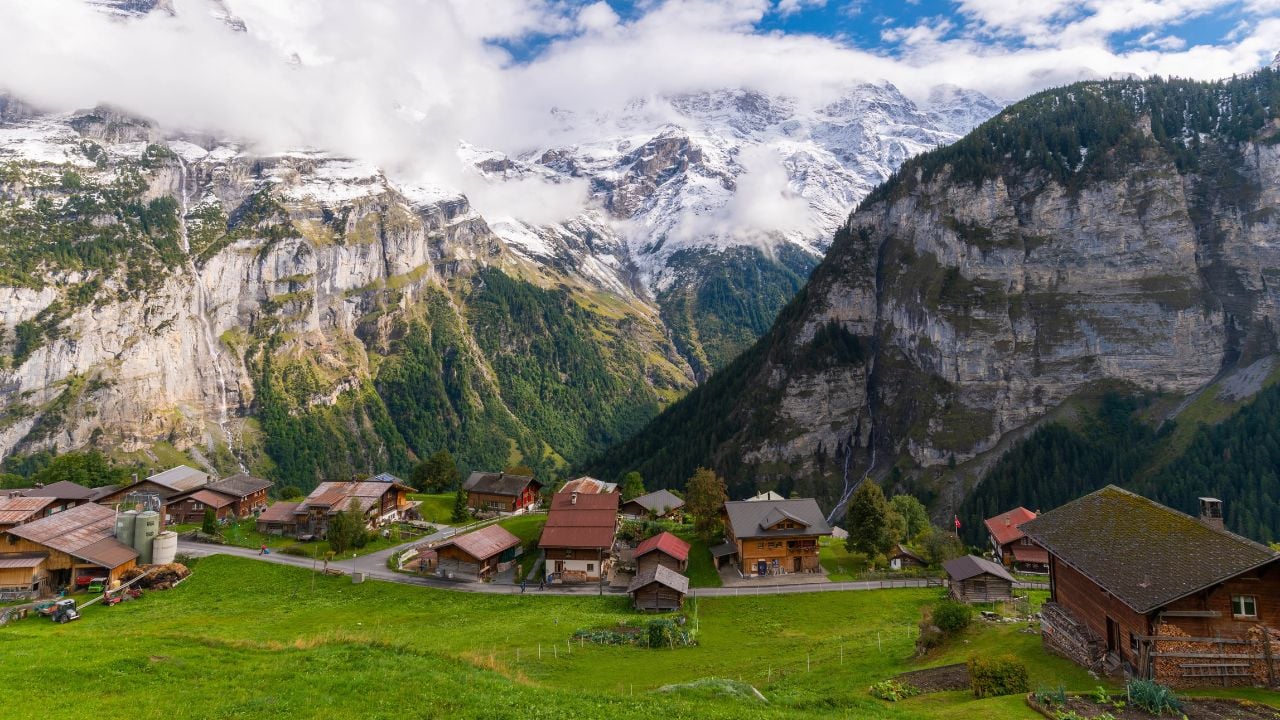 Beautiful little village of Gimmelwald Switzerland, typical Swiss landscape