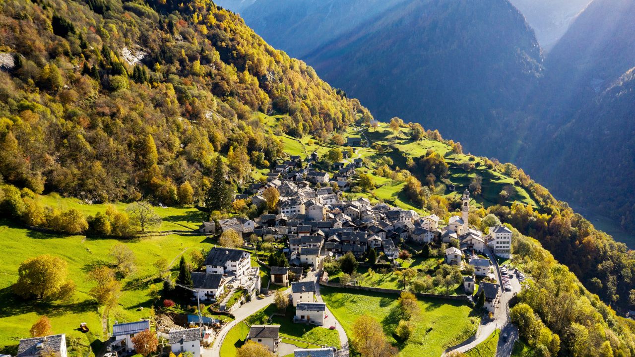 Soglio village in Switzerland, autumn aerial view