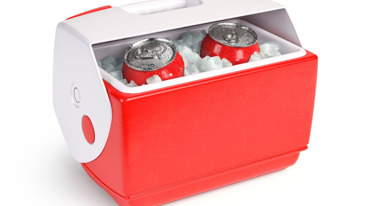 Plastic cool box or small cooler with a beer cans or soda drinks in ice isolated on white. 3d illustration