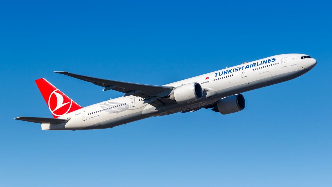 Frankfurt, Germany - February 13, 2021: Turkish Airlines Boeing 777-300ER airplane at Frankfurt Airport (FRA) in Germany.