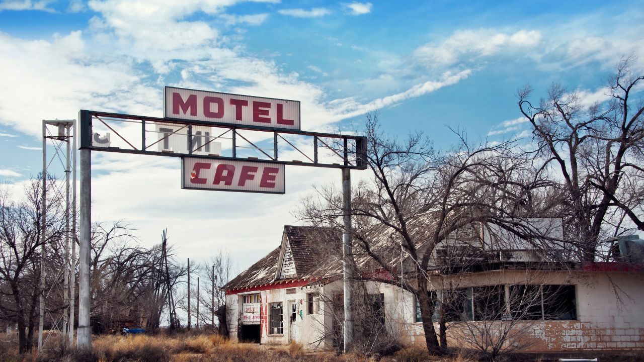 Glenrio, next to the TX-NM state line, USA.March 10 2019.Ghost town on Route 66.State Line Cafe, Gas Station, Texas Longhorn Motel .