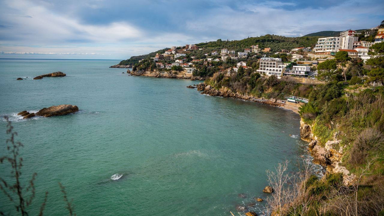 Ulcinj, Montenegro - 2.01.2025: Aerial view of of Ulcinj town from old wall, the southernmost city at Montenegrin coast, Europe. High quality photo