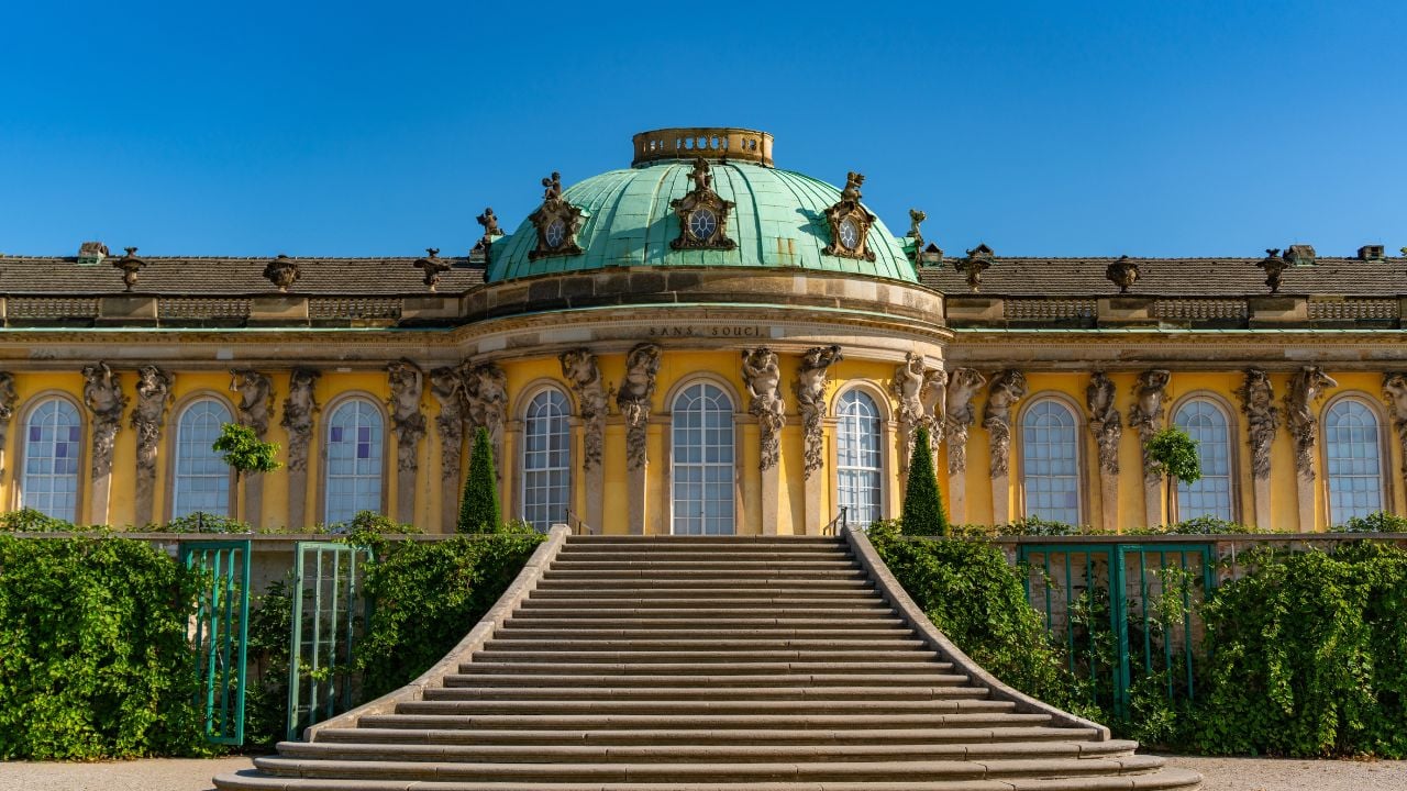 Potsdam, Germany - July 08 2023: Sanssouci Palace and the terraced vineyard gardens in Potsdam, Germany