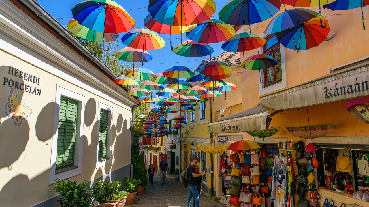 Szentendre / Hungary - September 22 2019: Tourists walking on the street at Szentendre, a Hungarian town on the Danube River
