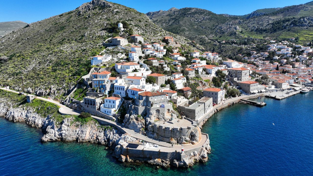 Aerial drone photo of picturesque and historic main village of Hydra or Ydra island well know for captain's mansions and marine tradition, Saronic gulf, Greece