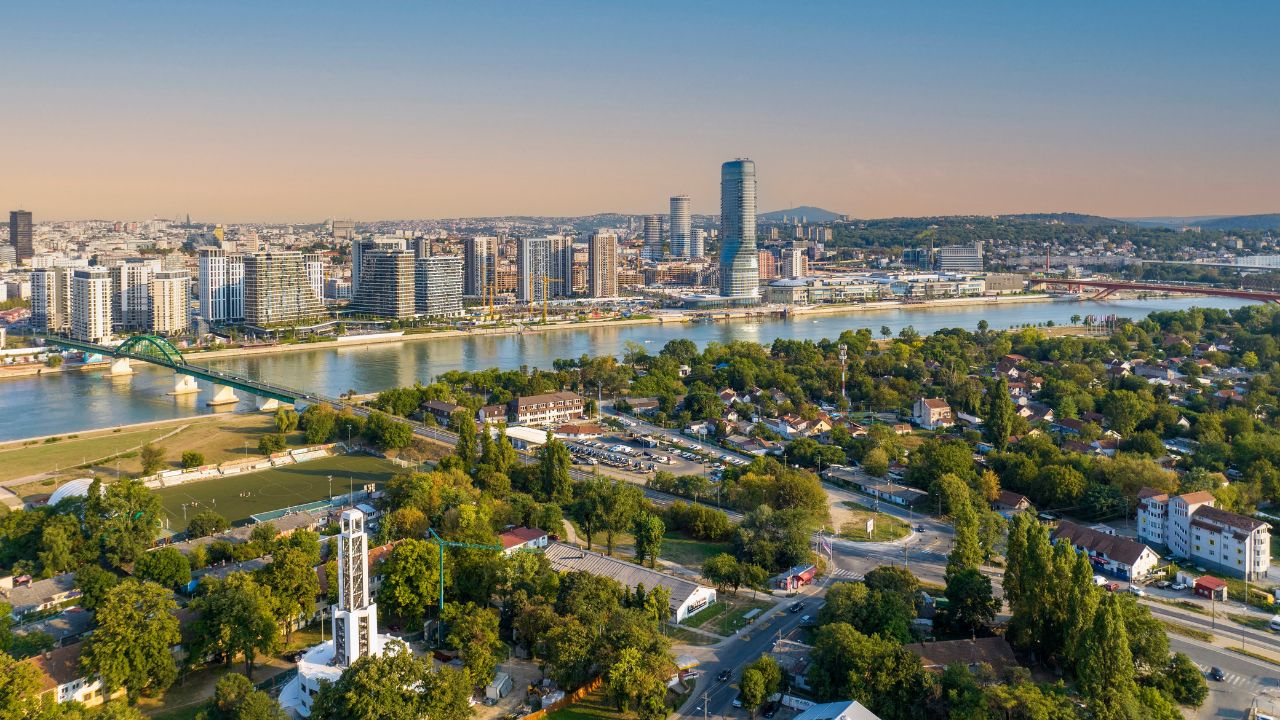 Panoramic night view of Belgrade Waterfront, Sava River, Belgrade Tower With Full Moon
