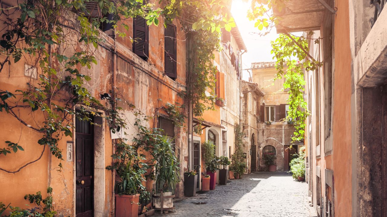 A picturesque street in the historic Trastevere district, Rome, Italy