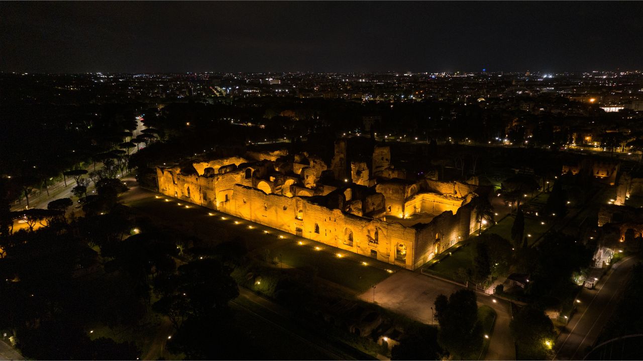 Beautiful Aerial View Above Baths of Caracalla in Rome, Italy City Centre at Night