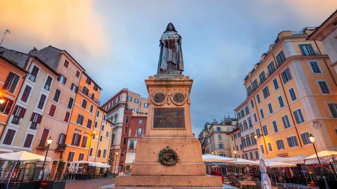 Campo de' Fiori in Rome, Italy at dawn. (Inscription Translates: "June 9, 1869 To Bruno - from the age he divined - here where the fire burned").