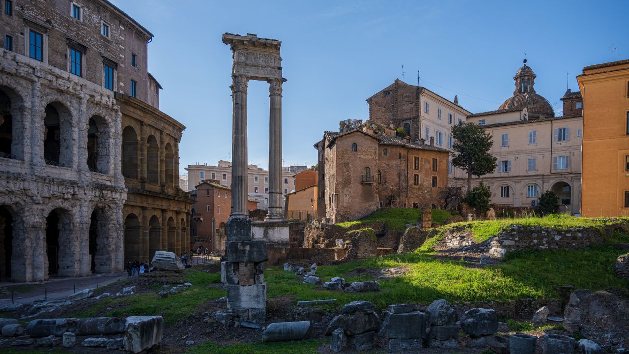 Rome, Italy, Apr 2023 Roman era archaeological site Portico d'Ottavia in the Jewish Quarter