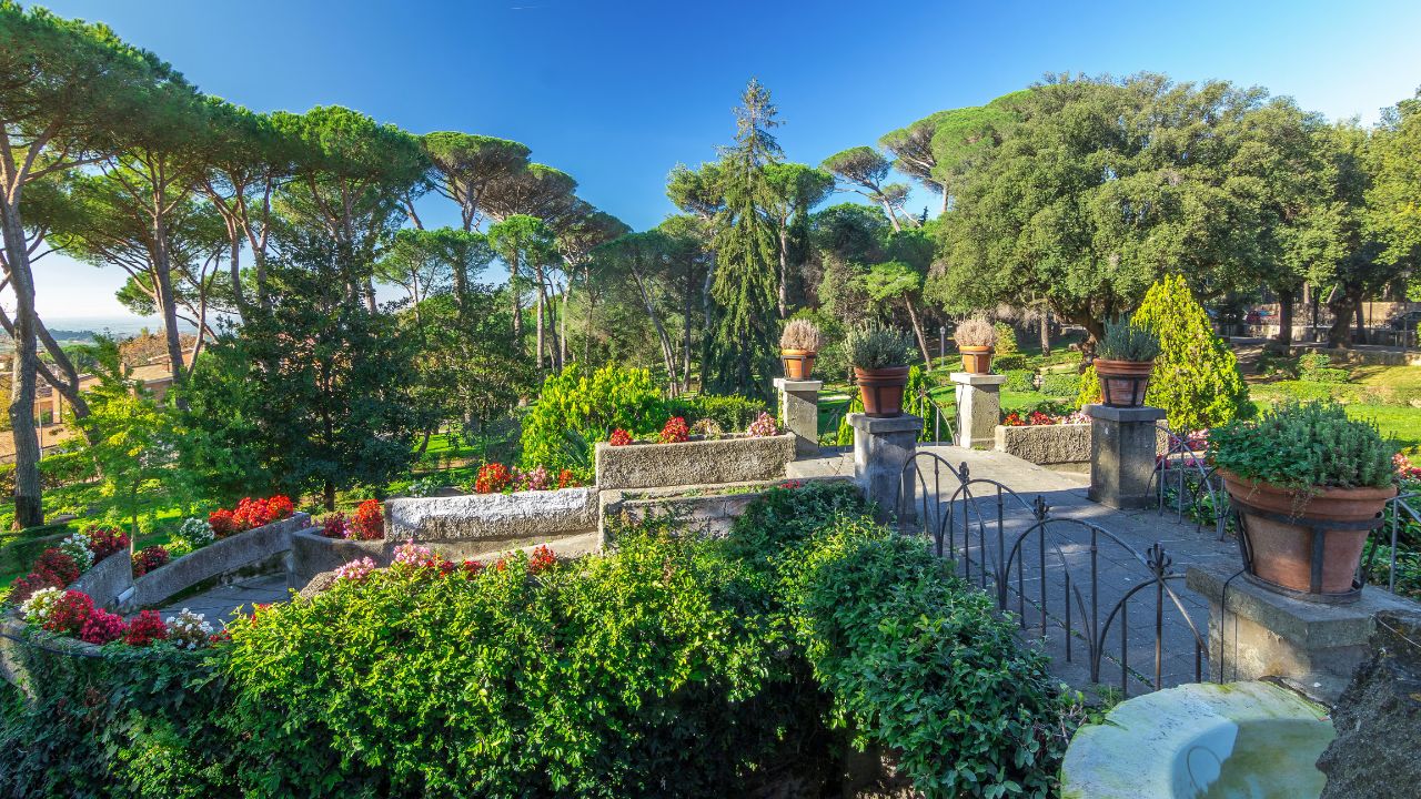 Timelapse Hyperlapse of Villa Doria Pamphili Park, Albano Laziale, Italy. Bask in the Radiance of Green Trees and Warm Light, a Captivating Journey in the Heart of Beauty
