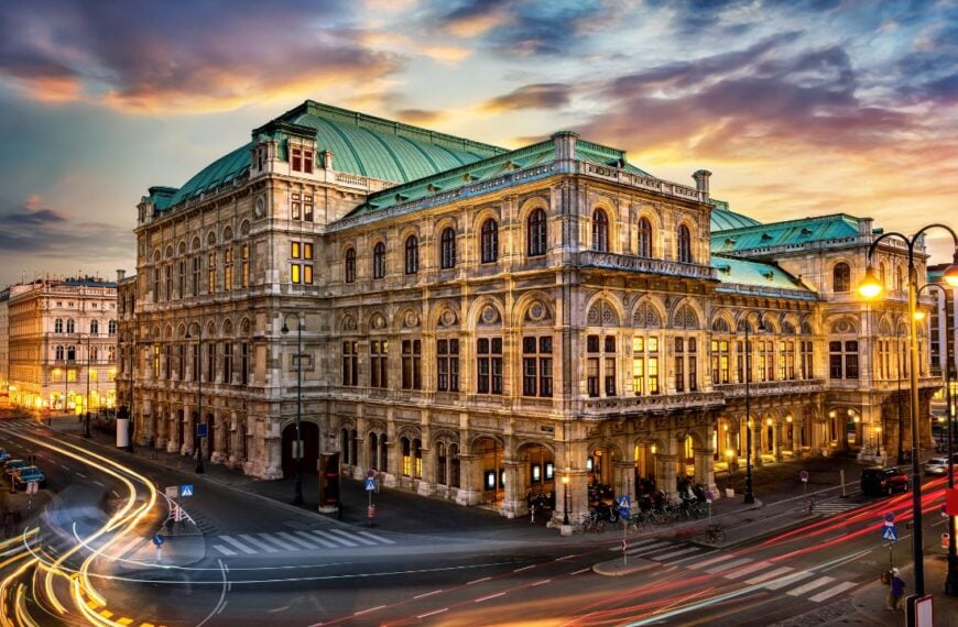 Vienna State Opera. Veinna, Austria. Evening view. The historic opera house is a symbol and landmark of the city of Vienna. Panoramic view, long exposure.
