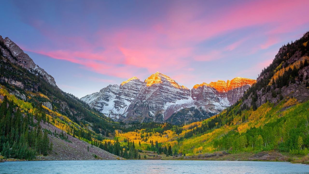 Landscape photo of Maroon bell in Aspen Colorado autumn season, United States at sunset