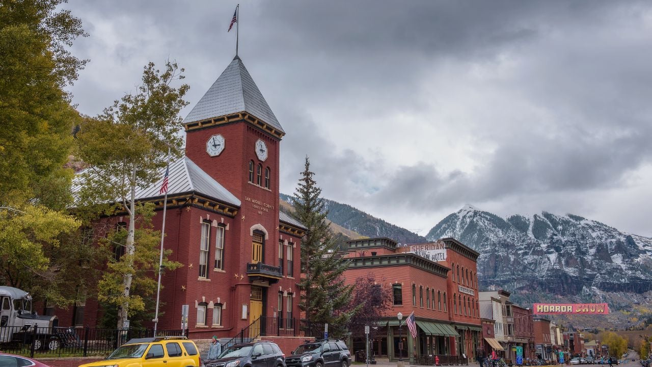 Telluride, Colorado - October 14, 2018 : Colorado Avenue in Telluride facing the San Joan Mountains. Telluride is a historic mining town and popular ski resort.
