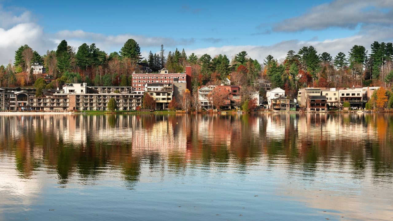 Lake Placid town over Mirror Lake Adirondack Mountains New York