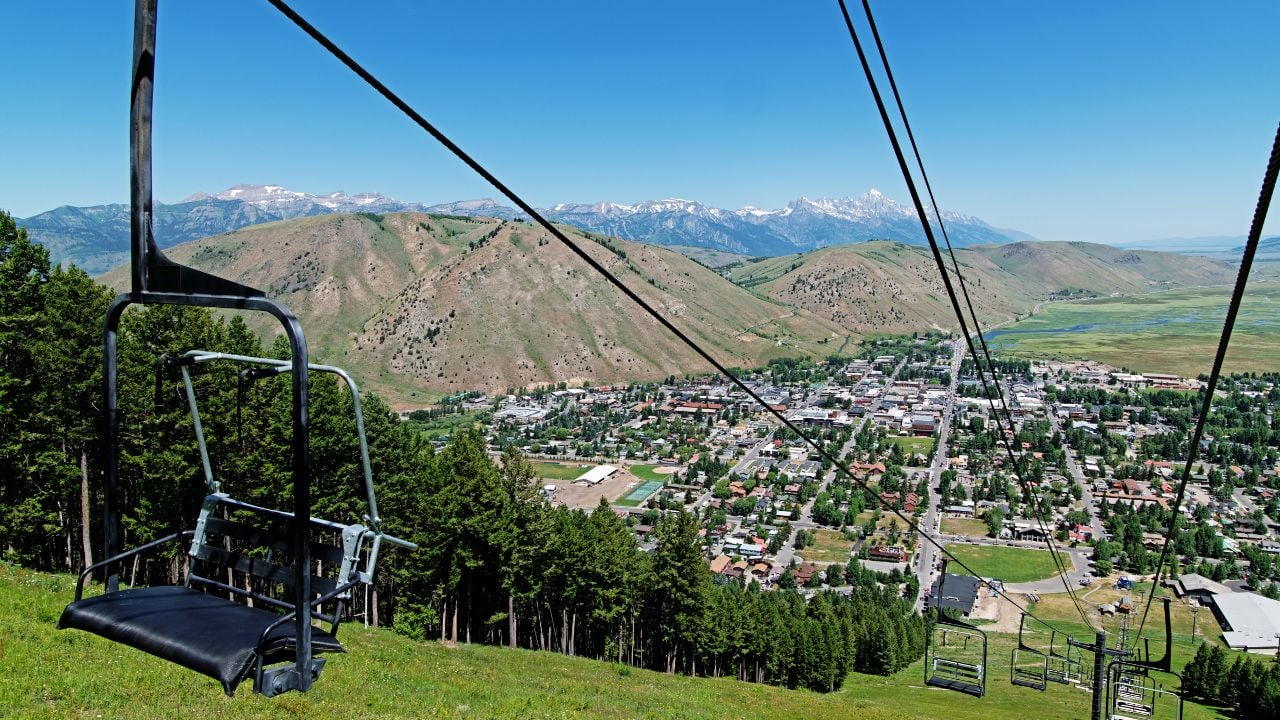 Aerial panoramic view from chairlift at Snow King Mountain Jackson Hole Wyoming