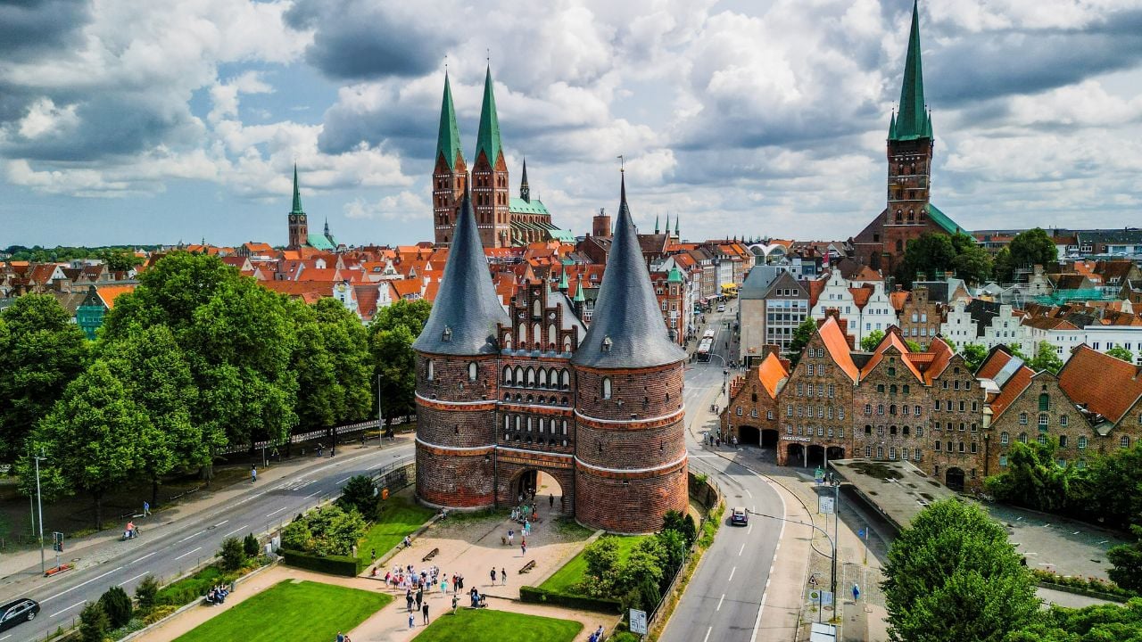 Aerial view of the Holsten gate on the western edge of Lubeck north Germany