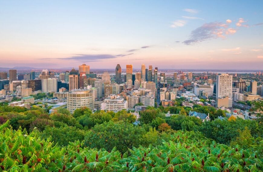 Panoramic skyline view of downtown Montreal from top view at sunset in Canada