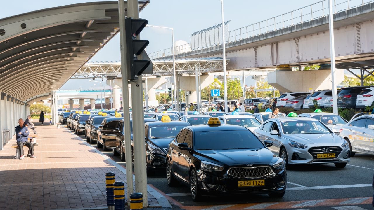 Busan, South Korea-October 12,2019 : Taxi park waiting passenger at Gimhae International Airport, Domestic Terminal in Busan, South Korea.