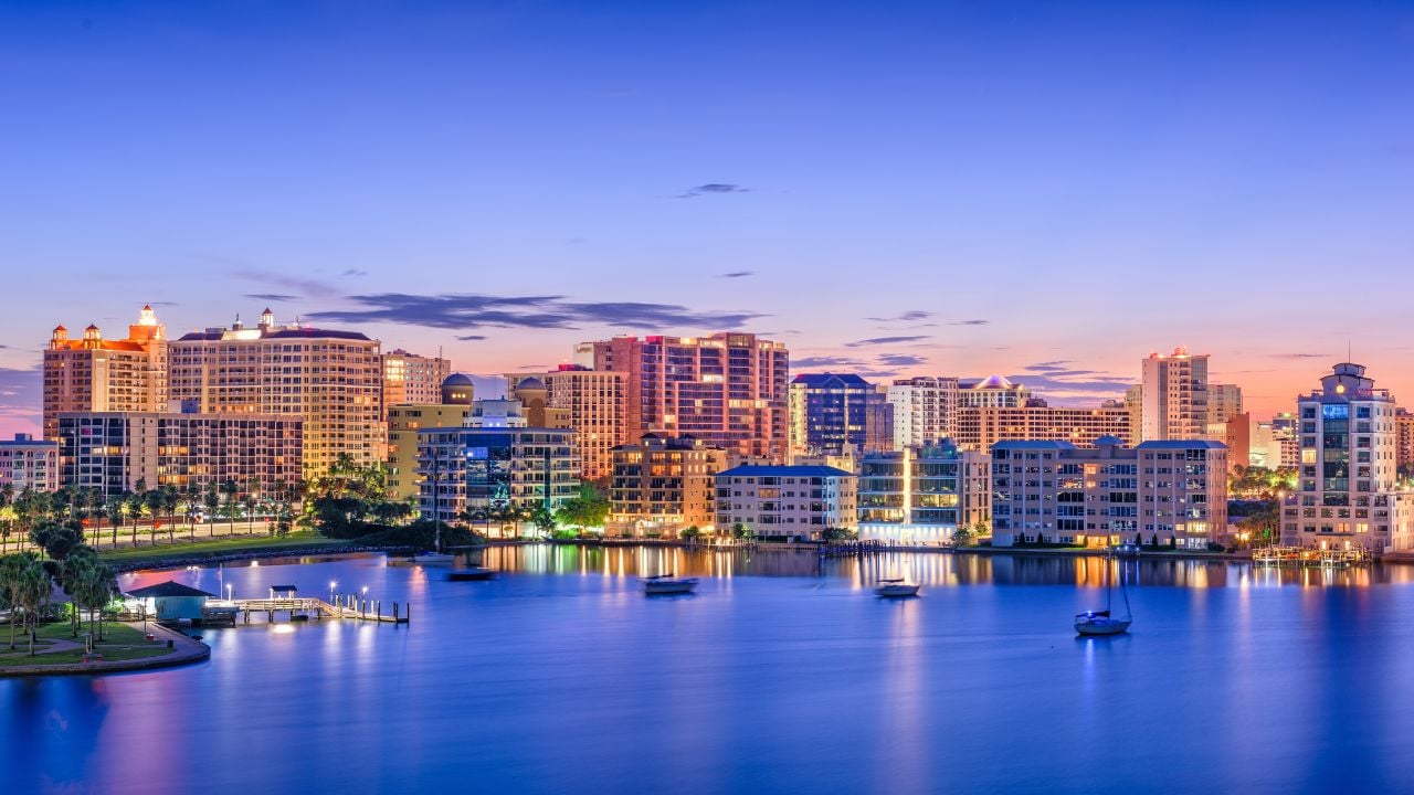 Sarasota, Florida, USA skyline on the bay at dawn.