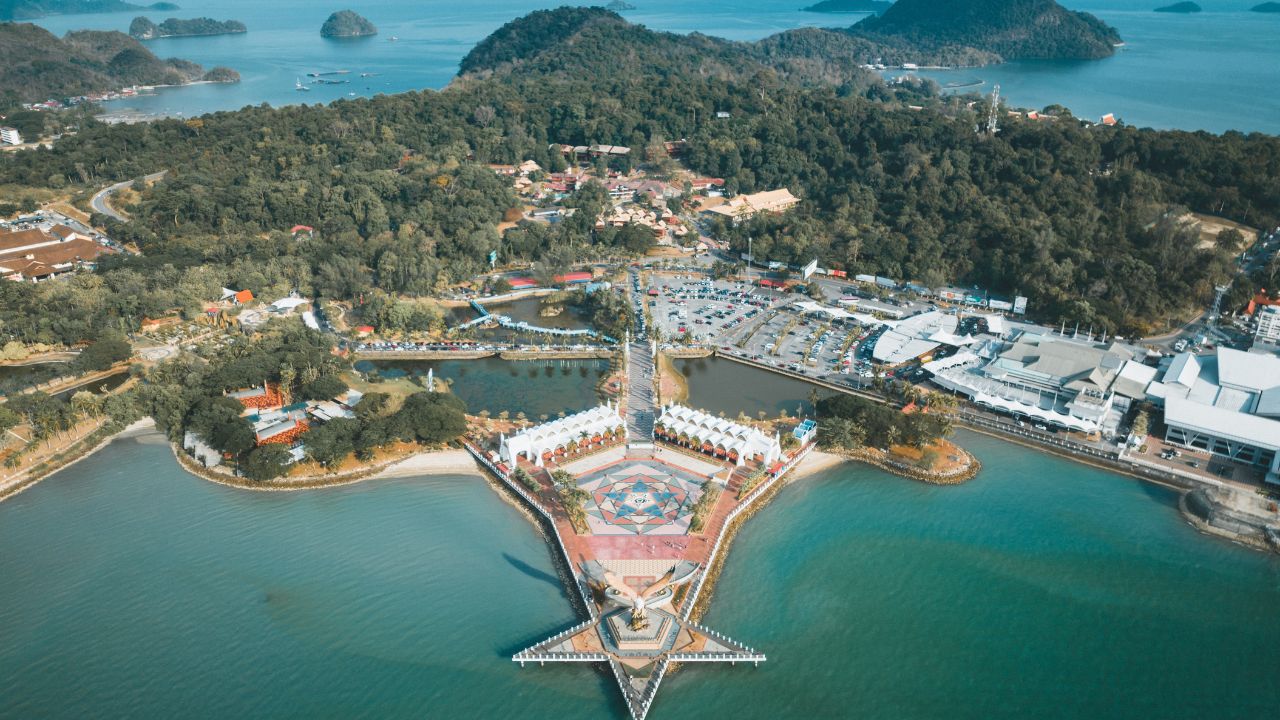 Aerial view of Langkawi Eagle Square from the front (Dataran Lang) in Langkawi, Kedah, Malaysia