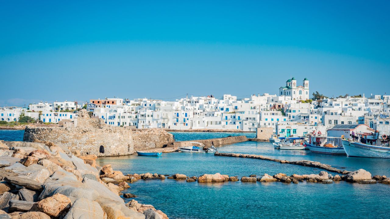 Naousa, in the northeastern corner of the island of Paros, in Cyclades Archipelago, Aegean Sea, Greece.