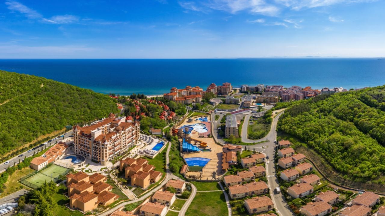Aerial view to a holiday village Elenite near to Sunny Beach, Burgas, Bulgaria