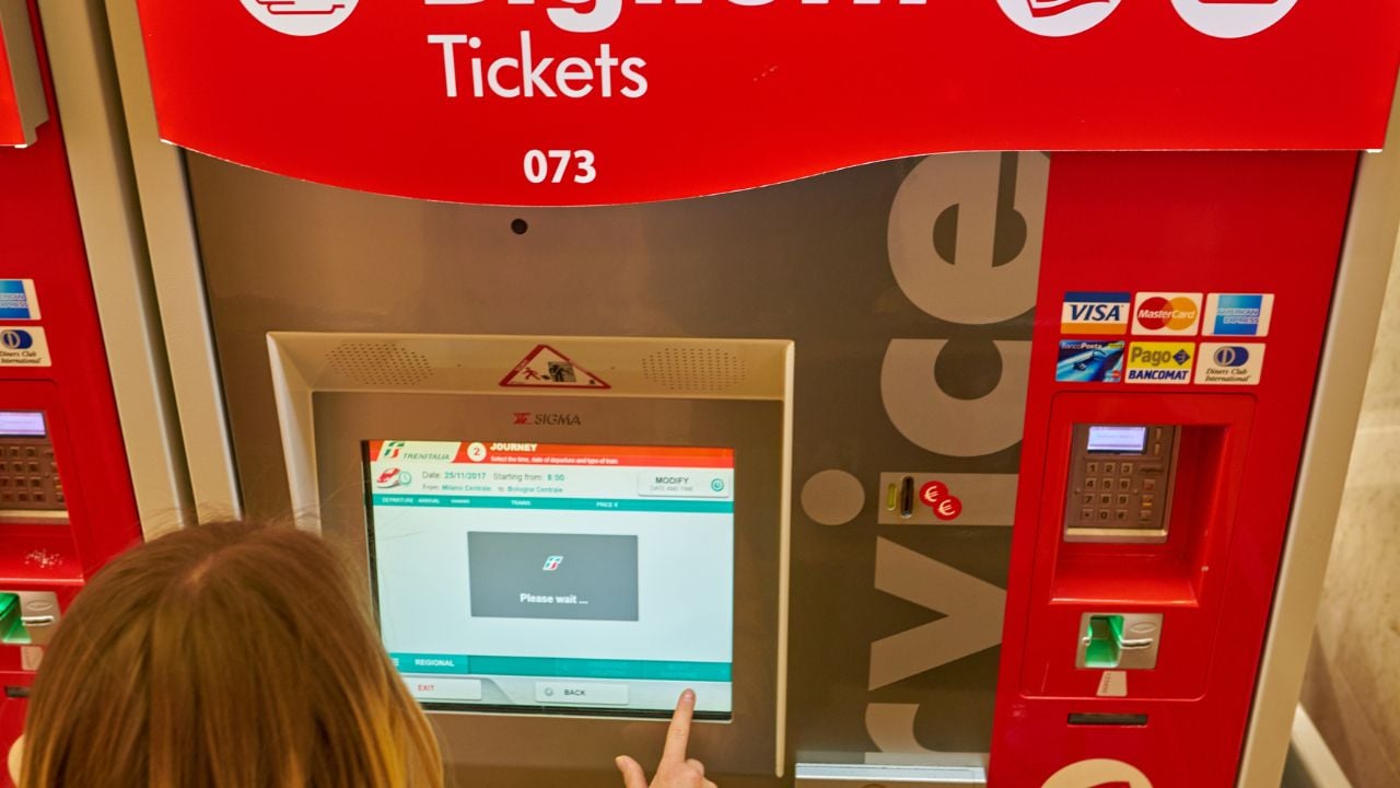 Ticket kiosks at Milano Centrale railway station in Milan, Italy