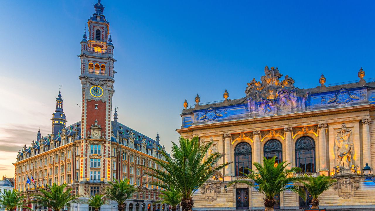 Lille Chamber of Commerce Nouvelle Bourse New Stock Exchange, opera house theatre and palms trees on Place du Theatre square in historical city center, Nord department, Hauts-de-France Region, France